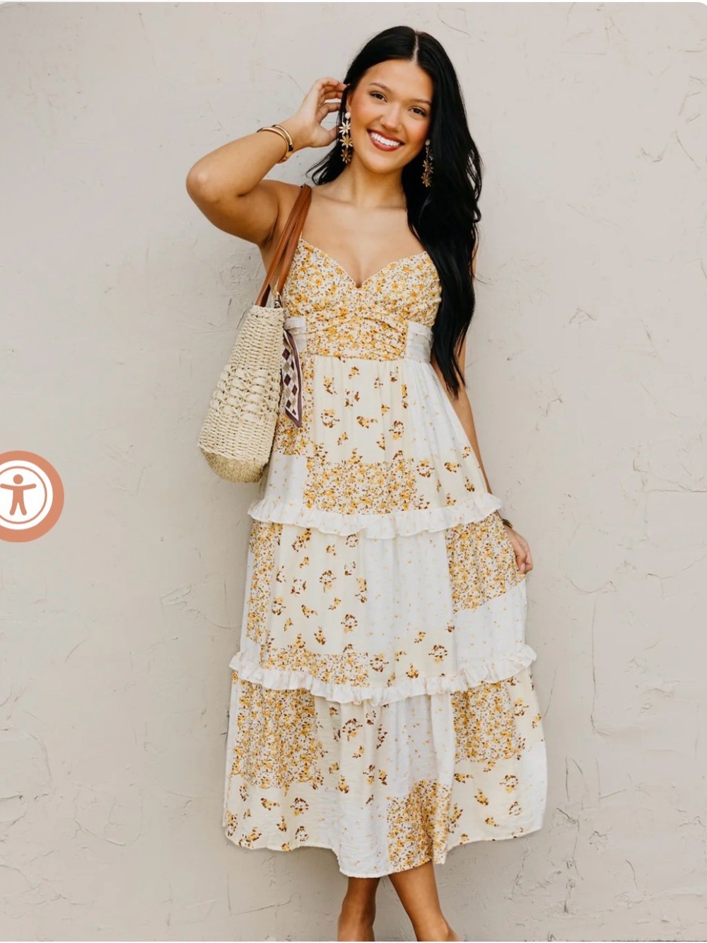 Floral Tiered dress with Spaghetti Straps - Yellow/White